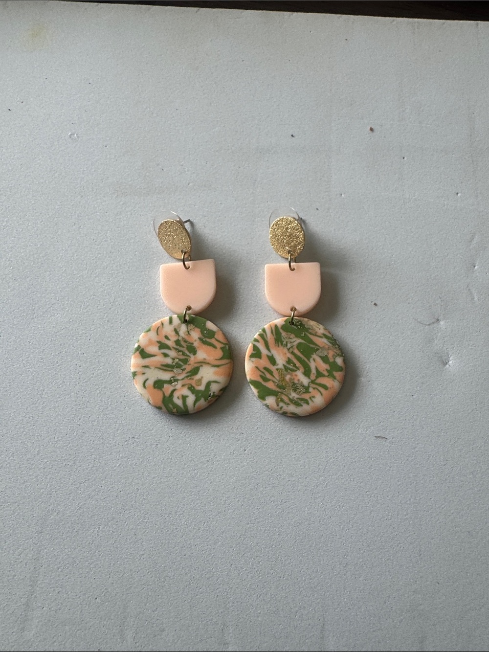 Handmade Pink & Green Marbled Drop Earrings - Gold Accent